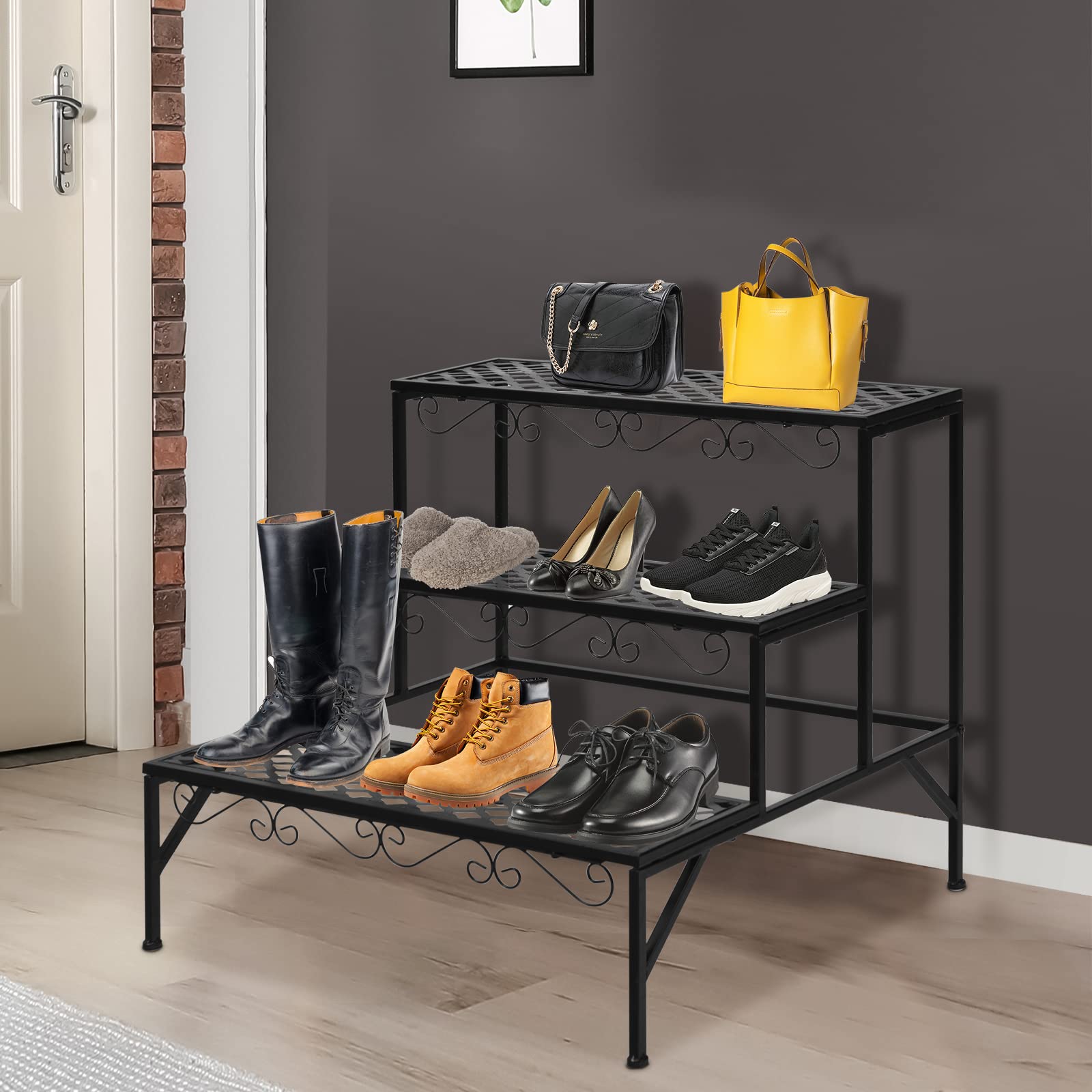 RELAX4LIFE Escalera para Flores de 3 Niveles de Metal, Soporte para Flores con Pies Antideslizantes, Estantería de Almacenamiento para Balcón, Terraza, Jardín, Salón, 70x60x60,5cm, Negro