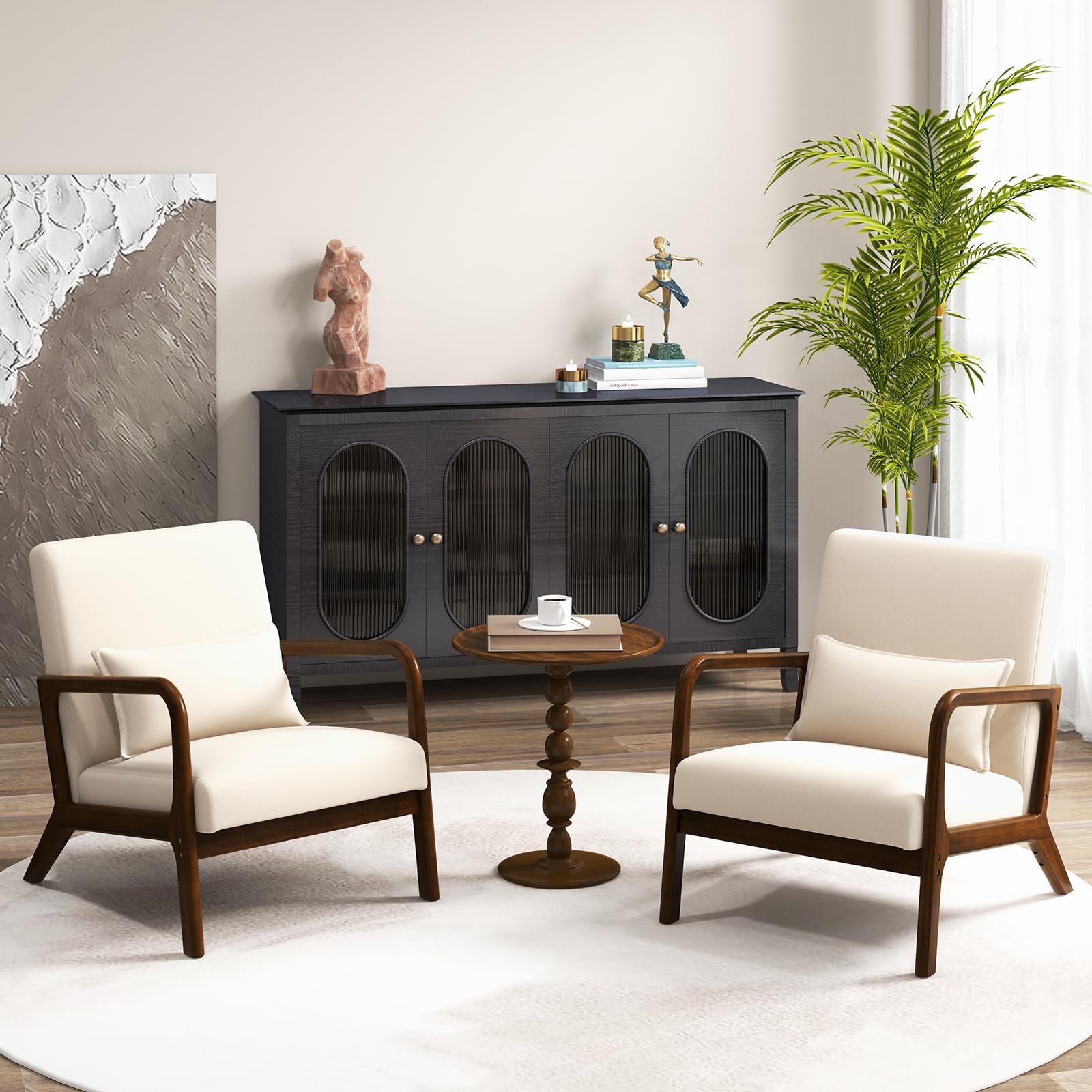 GIANTEX Mid Century Accent Chair, Innere Freizeit Stuhl mit gepolstertem Sitz & Rücken, gepolstert Gummi Holz Sessel mit Lendenkissen, Lounge Stuhl für Schlafzimmer (Beige)