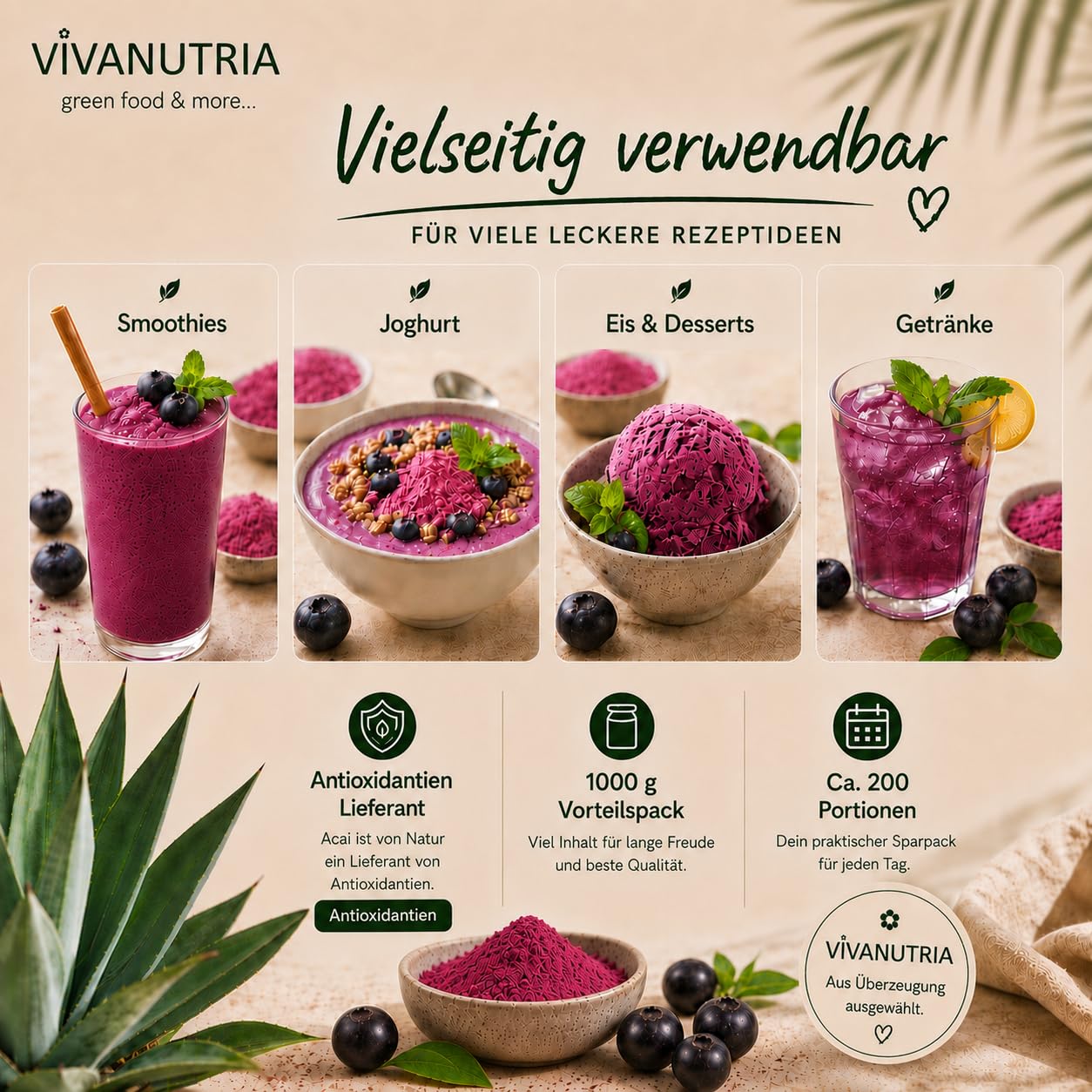VivaNutria Acai Pulver 1000g I Acai-Beeren-Pulver für Bowls und als Müsli-Topping I Smoothie Pulver 1kg I Rohkostqualität ohne Zusätze I Antioxidantien I vegan