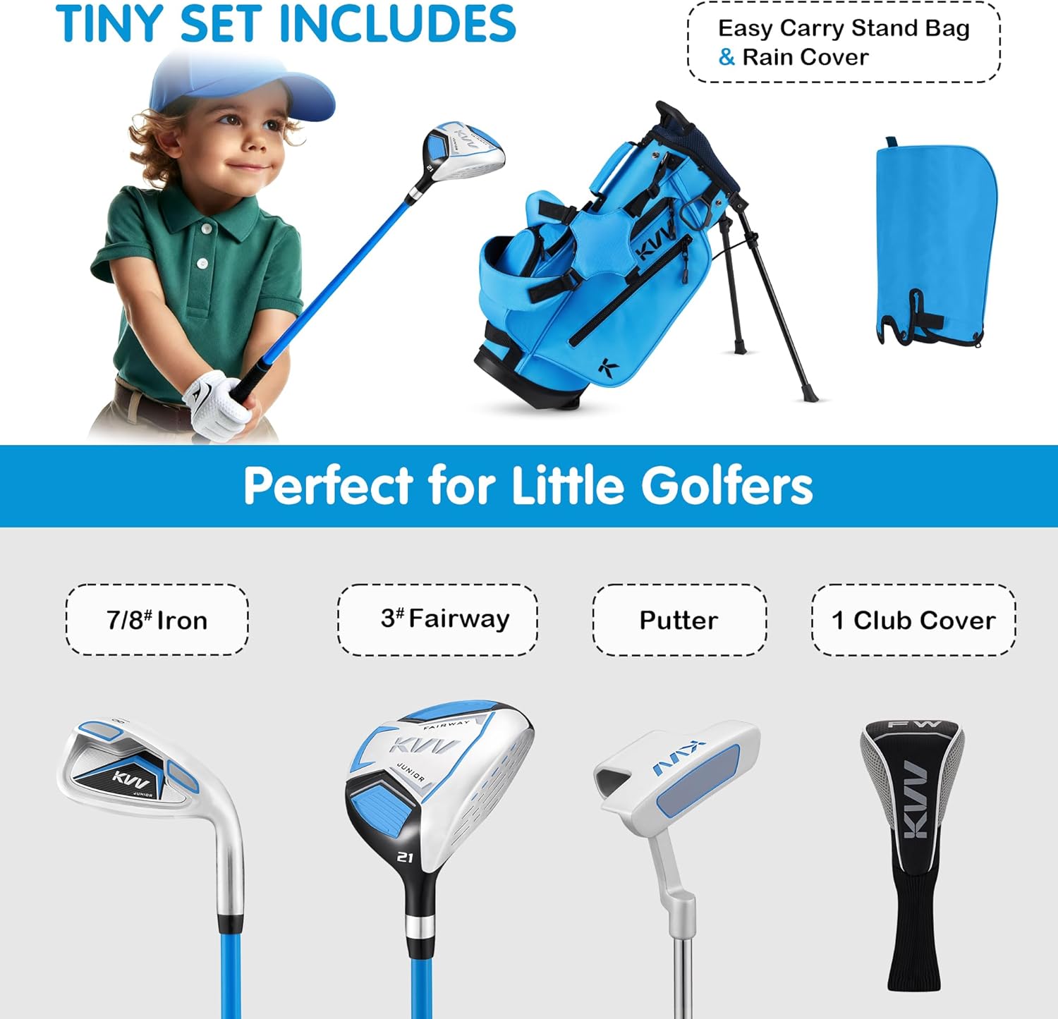 KVV Junior Golf Clubs Set Ages 3-5/6-8/9-12, Complete Kids Golf Set with Lightweight Stand Bag, Driver, Fairway, Hybrid, Irons, Wedge & Putter Right Handed for Girls & Boys