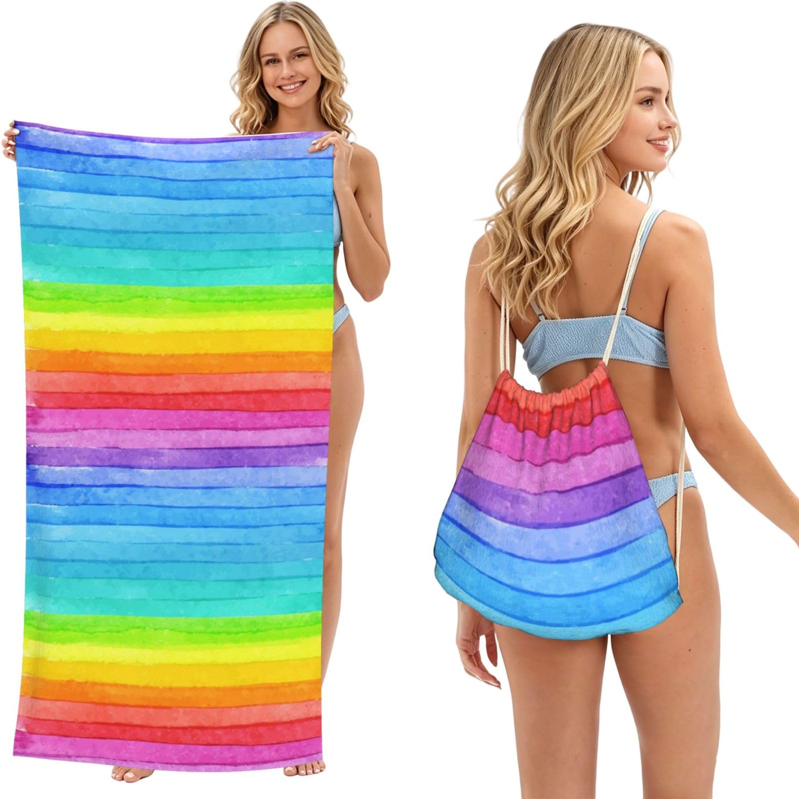 Poadnly As Picture Watercolor Paint Bright Colors Line Artwork, 2 In 1 Packable Towel Bag, Beach Towels With Drawstring Backpack For Travel Holiday Camping