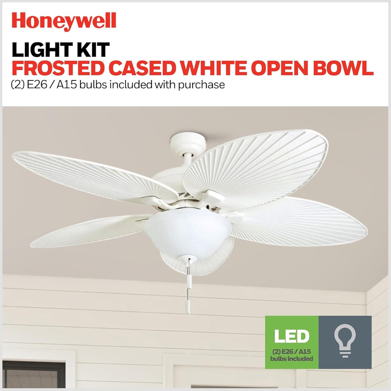 Honeywell Palm Island 52 Inch Tropical Indoor Outdoor Ceiling Fan, LED Light, 5 Palm Leaf Blades, Pull Chain Control, Quiet Motor, White