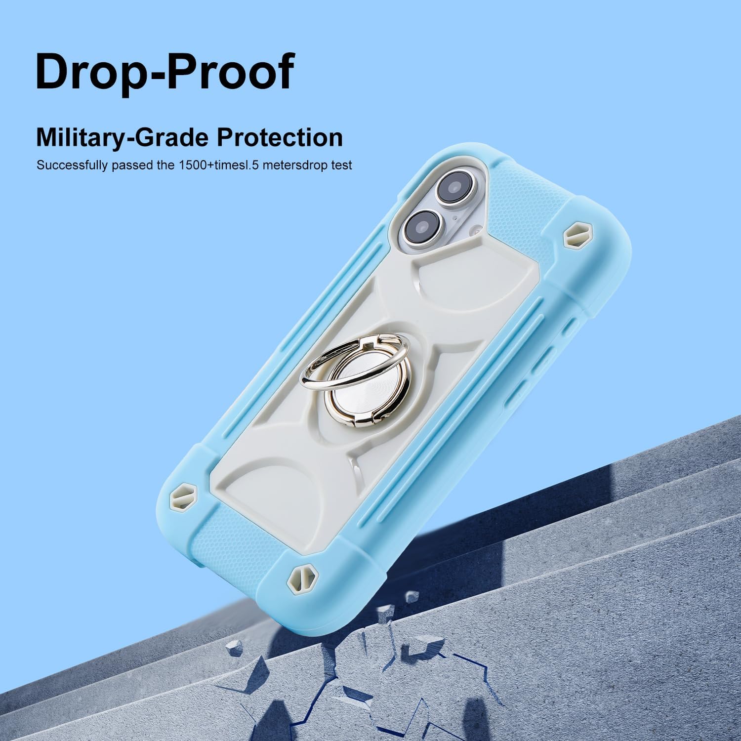 for iPhone 16 6.1 inch Case - Heavy Duty Shock Resistant Military Grade Rugged Case with Ring Stand, Glass Screen Protector and Camera Lens Protector (Ice Blue)