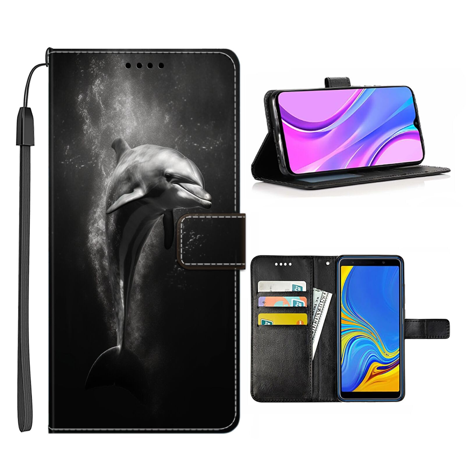 Wallet Phone Case for iPhone 14 Pro Max with Dolphin-aa510 - Stylish and Functional PU Leather-Free Smartphone Case with Card Holder Multicolor