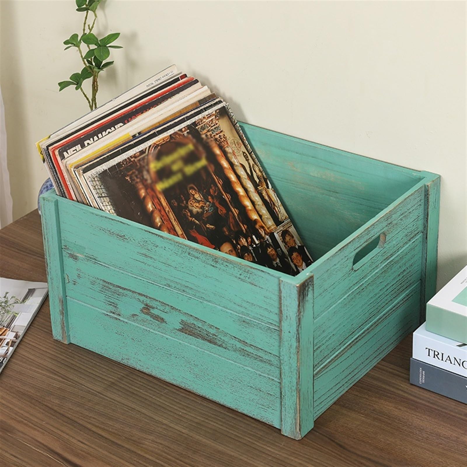 Cassetta portaoggetti per dischi in vinile, scatola in legno con manico, organizer per dischi in stile retrò vintage, per LP e dischi, soluzione di archiviazione per raccolta musicale