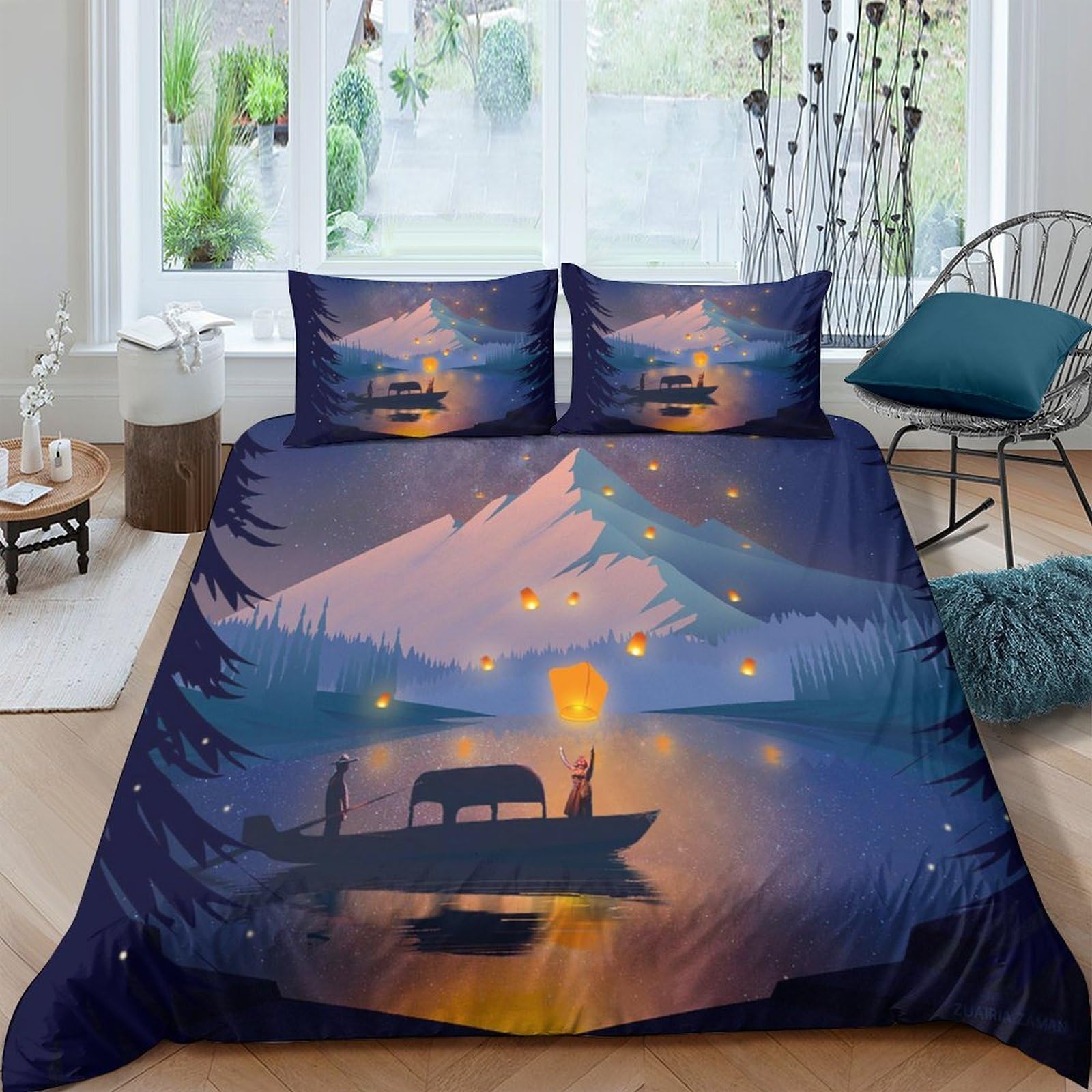 Ctjqhvkz Style-5 3D Printed Mountain Lake Fitted Sheet Microfiber Soft Scenic Boat Mattress Cover For Bedroom Dorm Decor Single（135X200cm）