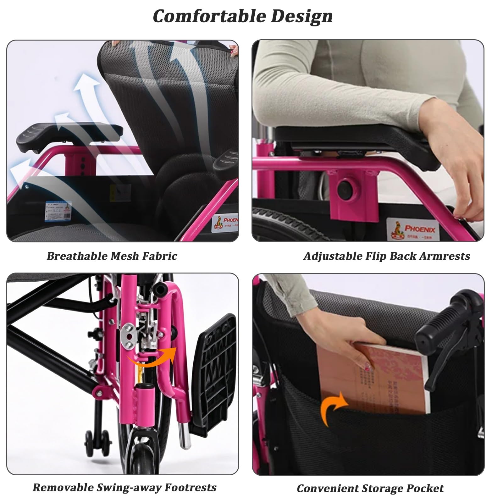 Sedia a rotelle pieghevole, Alluminio, Due sistemi frenanti, Pedane pieghevoli e rimovibili, Sedile 48 cm,Ruote piene(Pink)