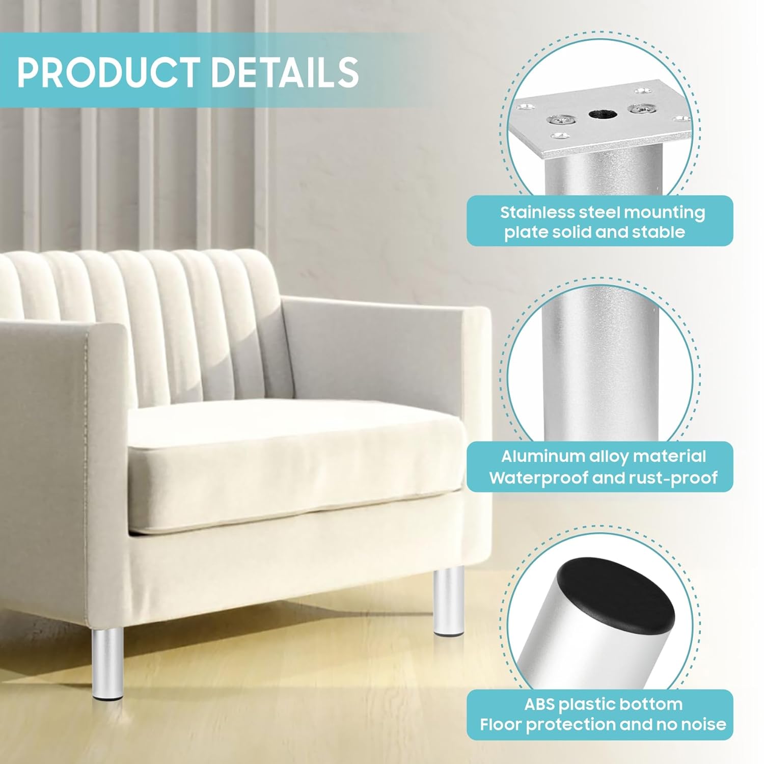 4Pcs Adjustable Furniture Legs Silver Metal Sofa feet Aluminum Alloy Couch Legs Wardrobe Foot Bed Feet Furniture Replacement Legs (Silver, 12cm) - Image 4