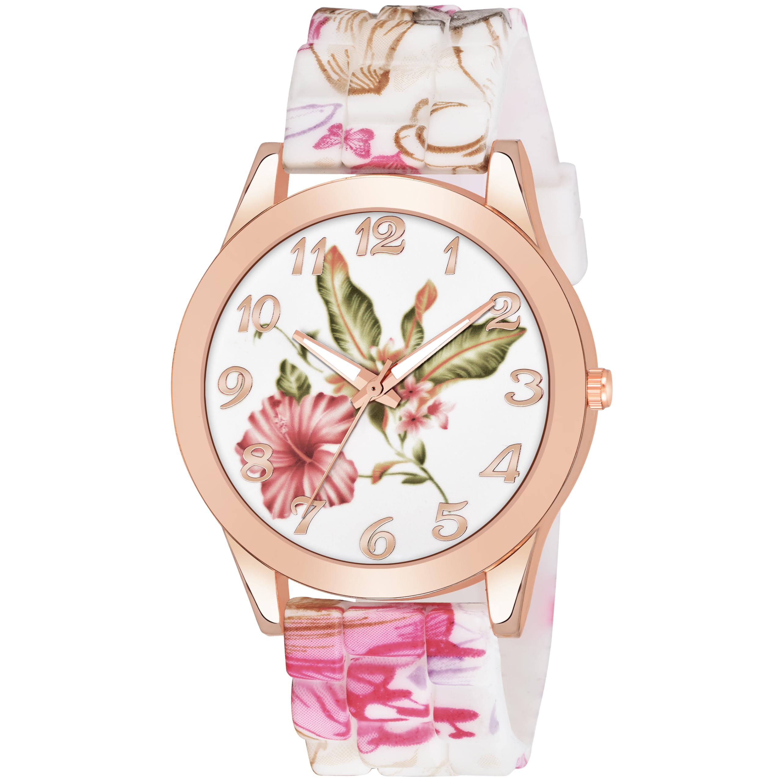 Shocknshop Flower Design Rose Gold Case Floral Print Silicone Belt Analog Watch For Women -Wch52, White Dial, Multi-Color Band (B0CQFV679Z) Amazon Price History, Amazon Price Tracker