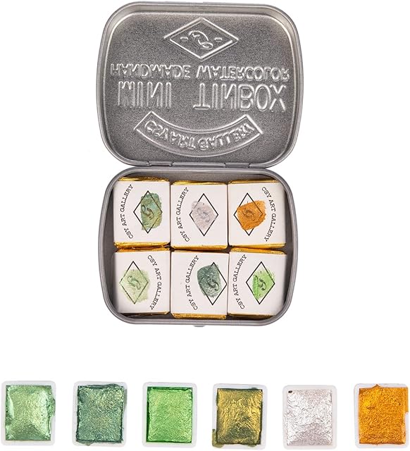 Csy Art Gallery Handmade Artist Watercolor Paints-Metallic Glitter Solid Colors- Retro Portable Metal Case-Pearlescent Color Set Sparkle Professional Watercolour (Paradise)