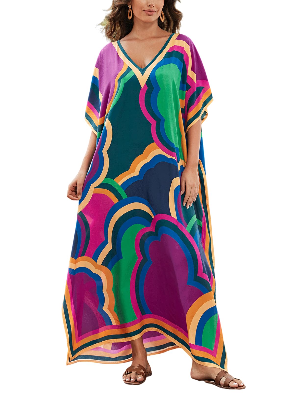 Womens Plus Size Loose Fit Moroccan Print V-Neck Batwing Kaftan Beach Dress Bathing Suit Cover Up