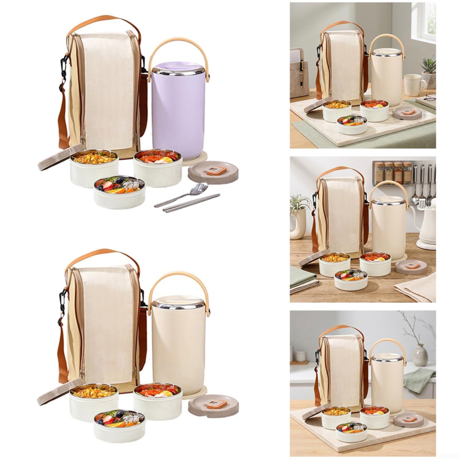 Lonchera de acero inoxidable de 3 niveles aislada al vacío, contenedor de alimentos fríos y calientes de 8 horas, juego a prueba de fugas con bolsa de transporte (morado)