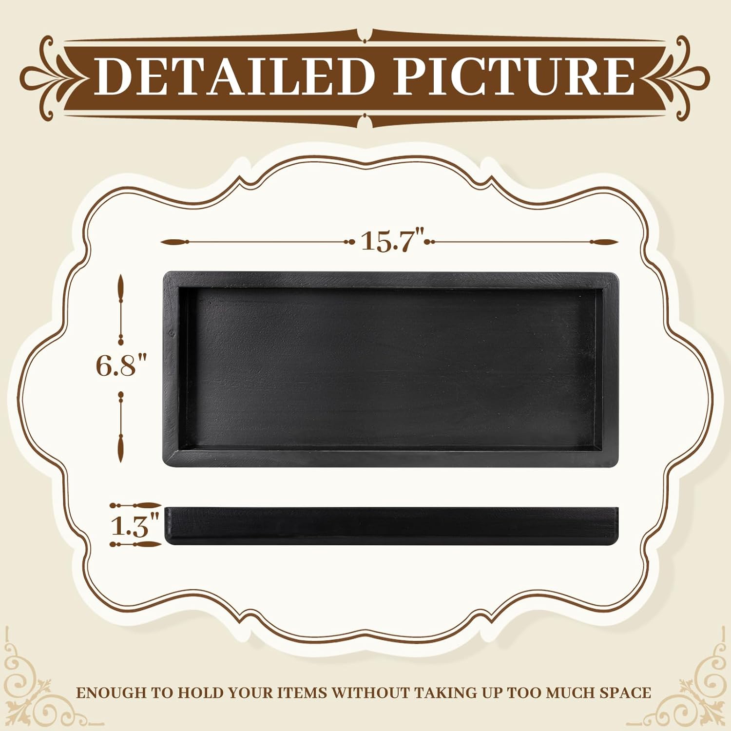 MAONAME Black Bathroom Vanity Tray, Rustic Long Narrow Rectangle Farmhouse Wood Countertop Organizer Tray for Candle, Perfume - 15.7" L x 6.8" W - Image 2