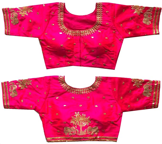 Women's Multicolor Phantom Silk Heavy Elephant Gold Thread Embroidery Sequins zari Work Half Sleeves Readymade Saree Blouse (38 Size +Margin)