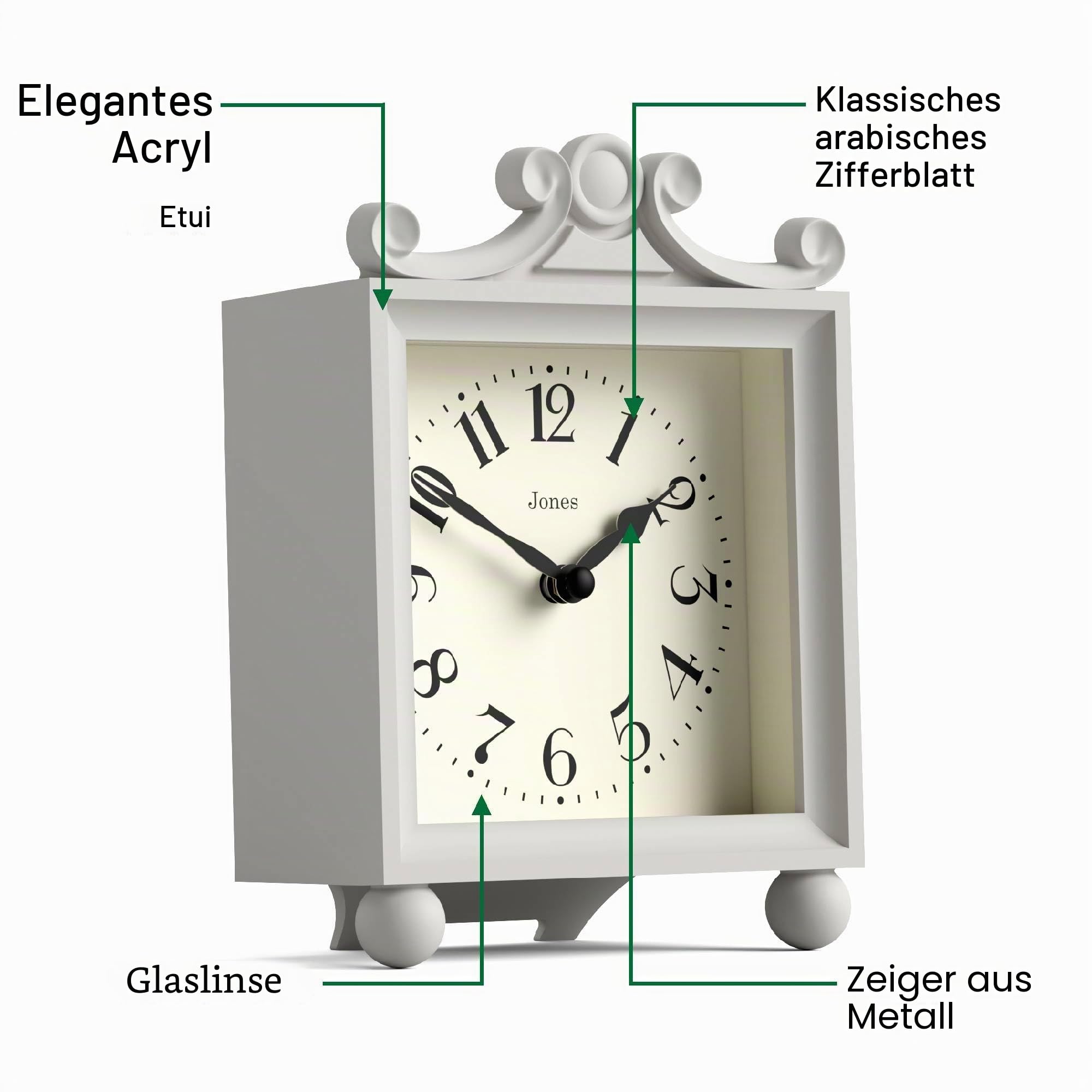 JONES CLOCKS® Parlour Kaminsimsuhr | Kleine Klassische kutschenuhr | Blassgrau | Elegantes, quadratisches dekorationsgehäuse, perfekt für kaminsims, Regal, Tisch oder nachtschnecke