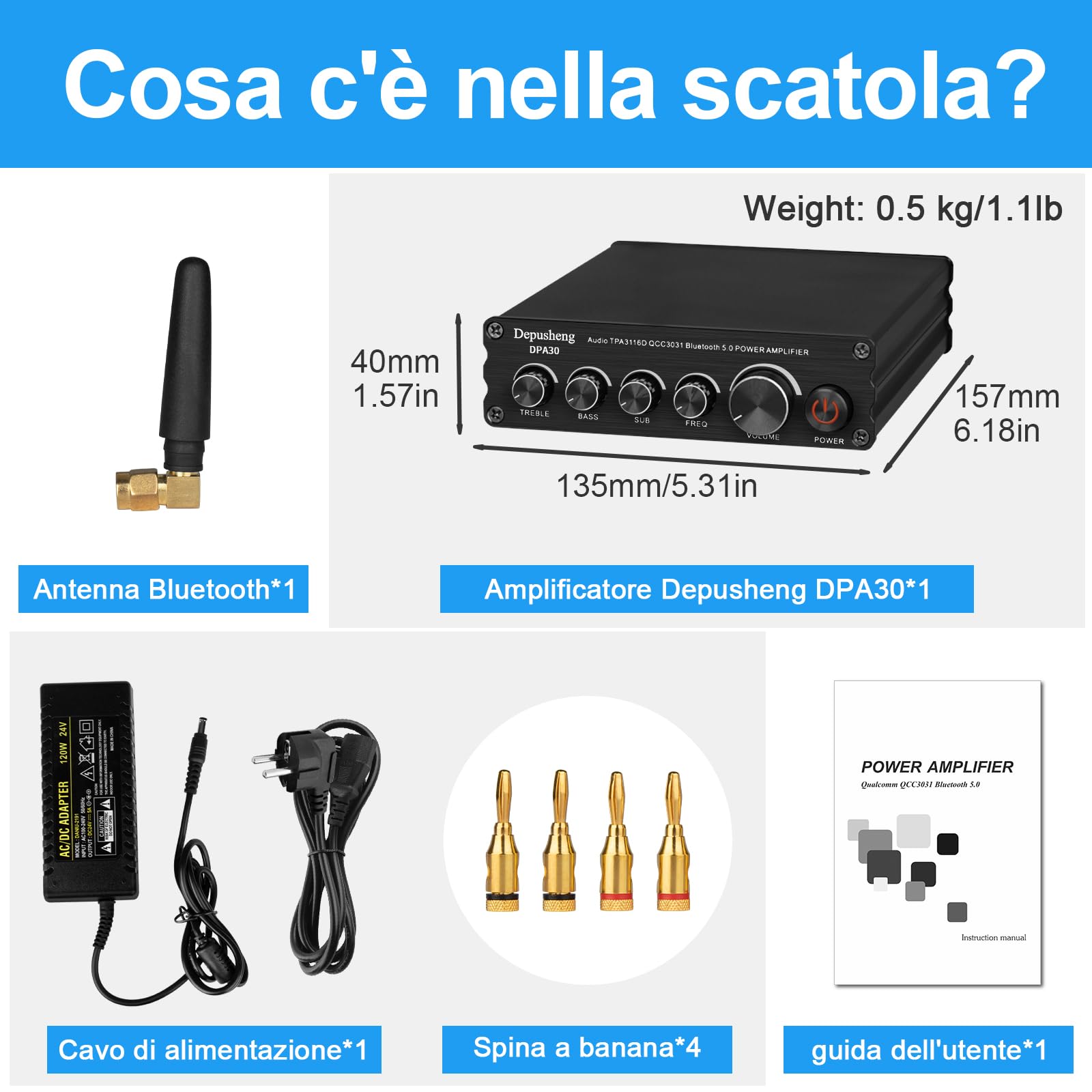Depusheng DPA30 Amplificatore ricevitore audio 2.1 canali Mini Hi-Fi Bluetooth 5.0 Amplificatore componente audio 50 W x2+100 W per altoparlanti passivi da esterno/subwoofer Subwoofer alimentato