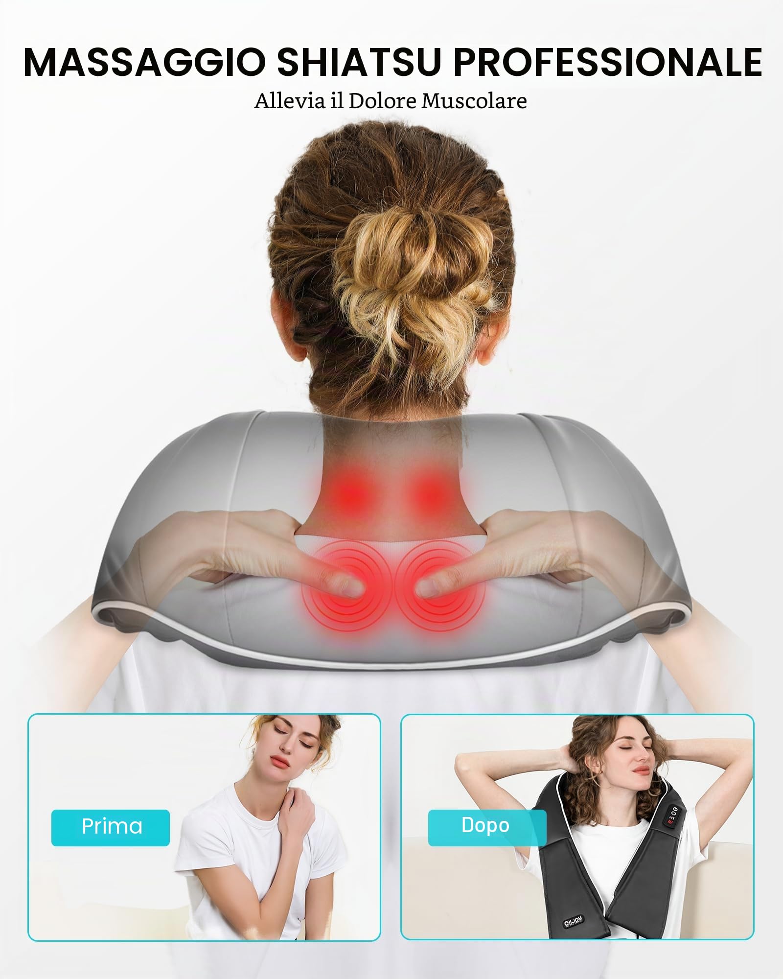 ALLJOY Massaggiatore Cervicale, Massaggiatore per Collo e Spalle con Riscaldamento, Massaggio Shiatsu Elettrico Schiena 3D Tre Velocità Regolabili, Regalo per Uomo Donna,Nero