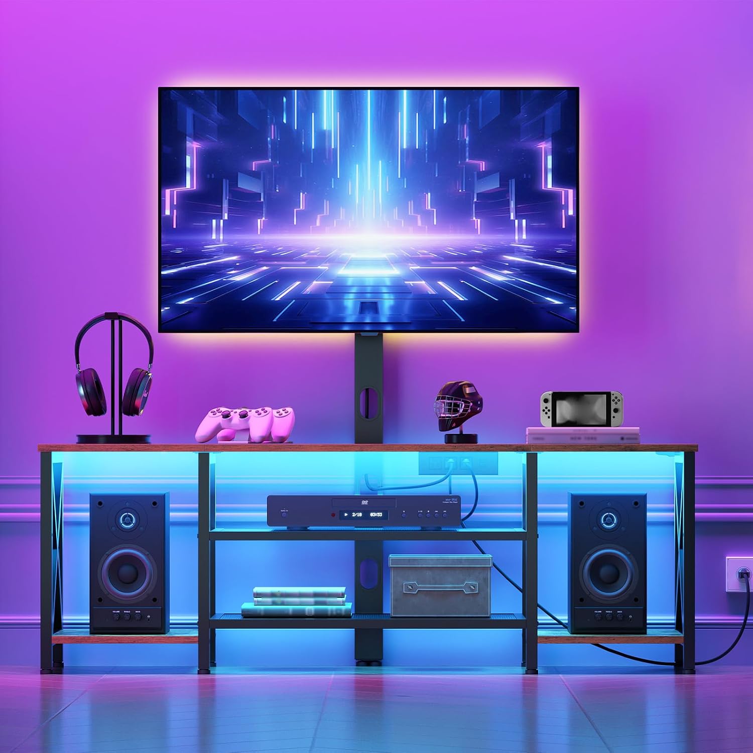 HOOBRO TV Stand with Mount and Power Outlet, LED Entertainment Center with Swivel Mount for 32/45/55/60/65/70/75 inch TVs, 3-Tier Storage Shelf for Living Room, Bedroom, Rustic Brown BF46UDDS01 - Image 6