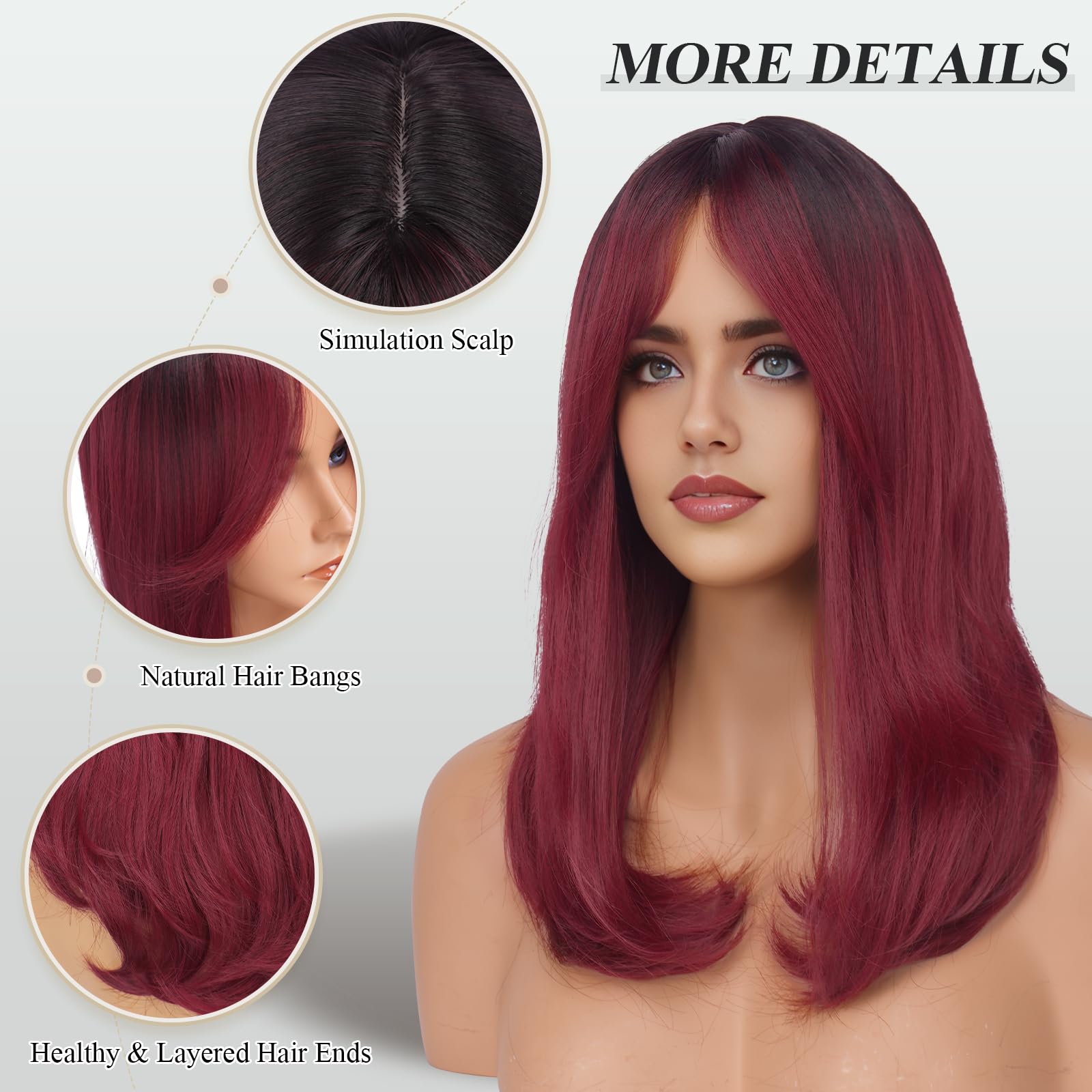 FESHFEN Ombre Wine Red Wigs with Bangs for Women Synthetic Natural Looking Long Layered Straight Hair Wig for Daily Party Use 18 inch - Image 4