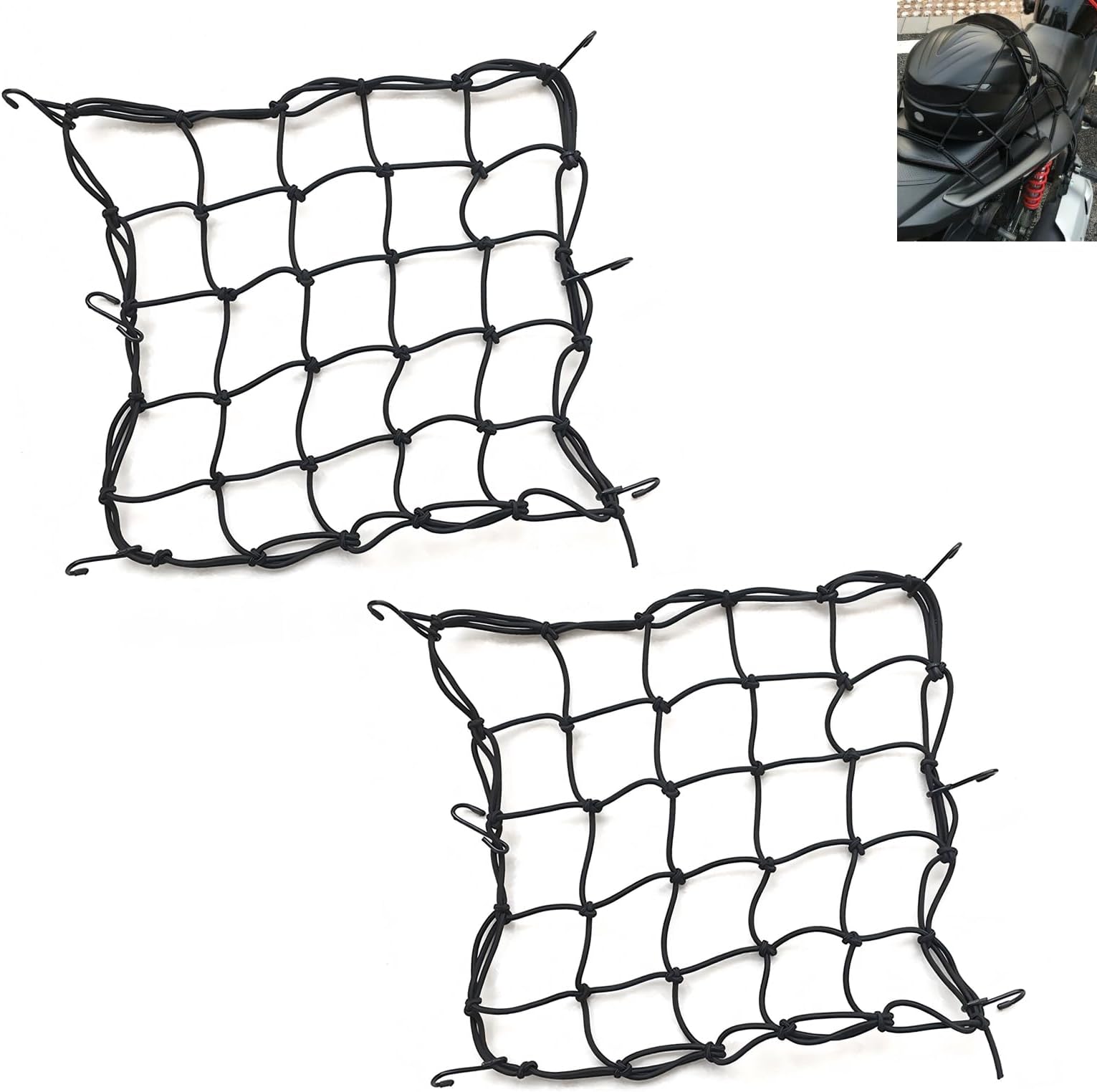 MLY 2PCS 15.7 "x15.7" Motorcycle Cargo Net, Bungee Cargo Net Stretches to 31.5"x31.5", Luggage Bungee Nets with Adjustable Metal Hooks, 3 "x 3" Small Mesh Helmet Netting Fit for Motorcycle Bike ATV