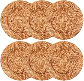 Kit 06 Sousplat Redondos em Rattan e Bambu 32cm Vietnã Artesanal Rústico Mesa Posta