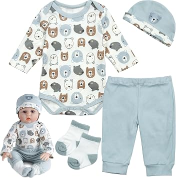 Reborn Baby Dolls Clothes Boy Bear Head 4 Pcs Set for 17-22 Inch Newborn Baby Dolls Boy Clothes Accessories Outfits