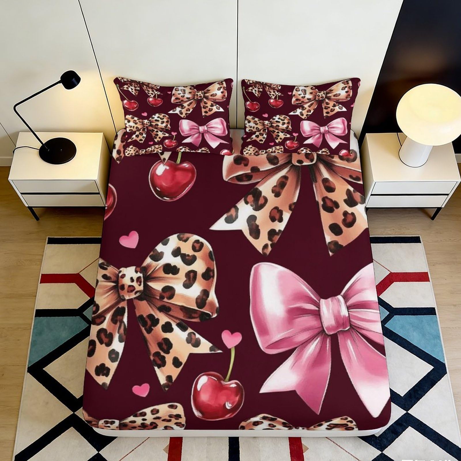 3D Printed Cherry Bow Pattern Fitted Sheet Microfiber Soft Breathable Leopard Print Bed Cover for Bedroom Dormitory Guest Room Mattress Protection Decor 200x200x25cm