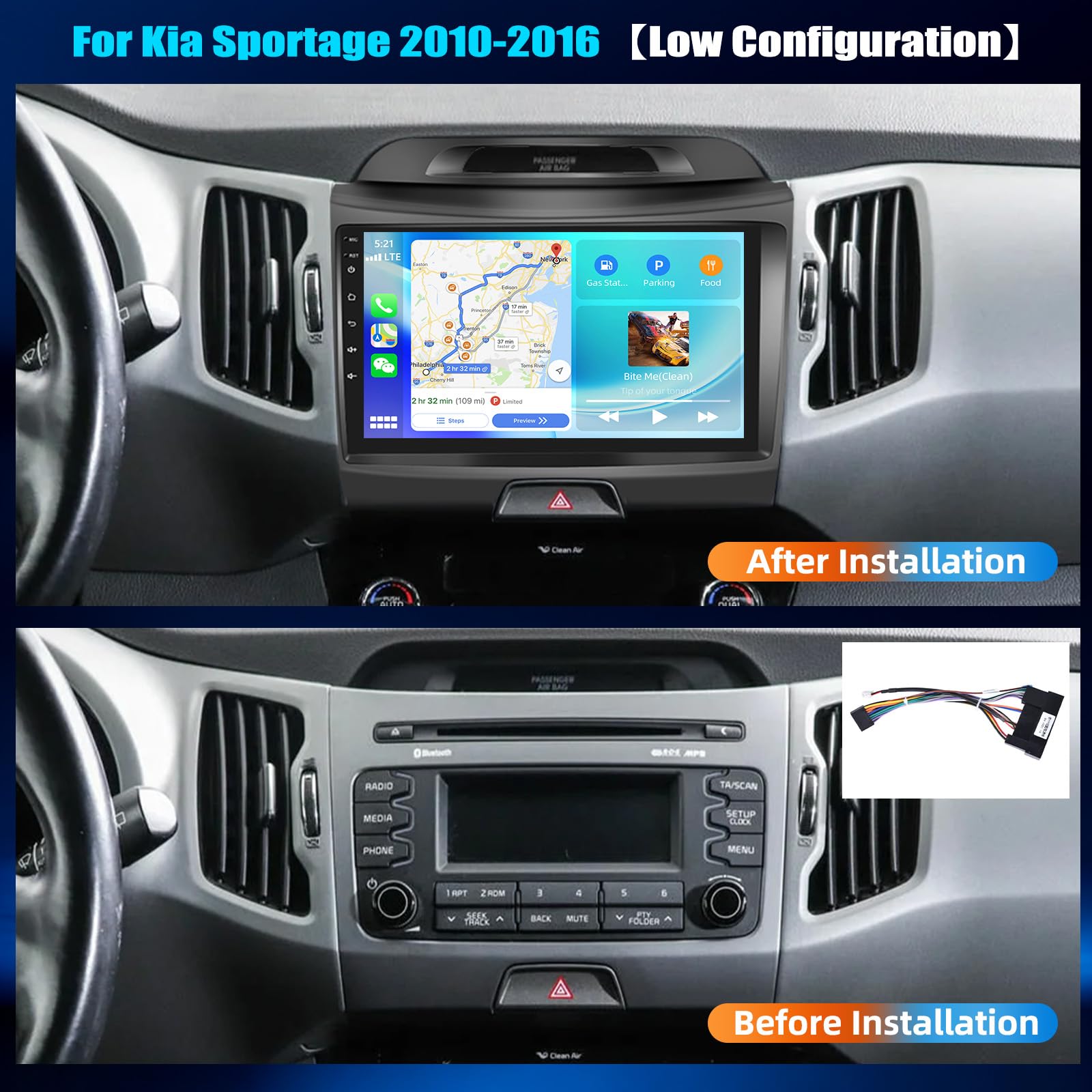 CAMECHO 8-rdzeniowy odtwarzacz samochodowy z Androidem 15 4+64 GB do Kia Sportage III (2010–2016) z CarPlay DSP nawigacją GPS ekranem dotykowym 9″ Bluetooth WiFi FM/RDS 32EQ MirrorLink