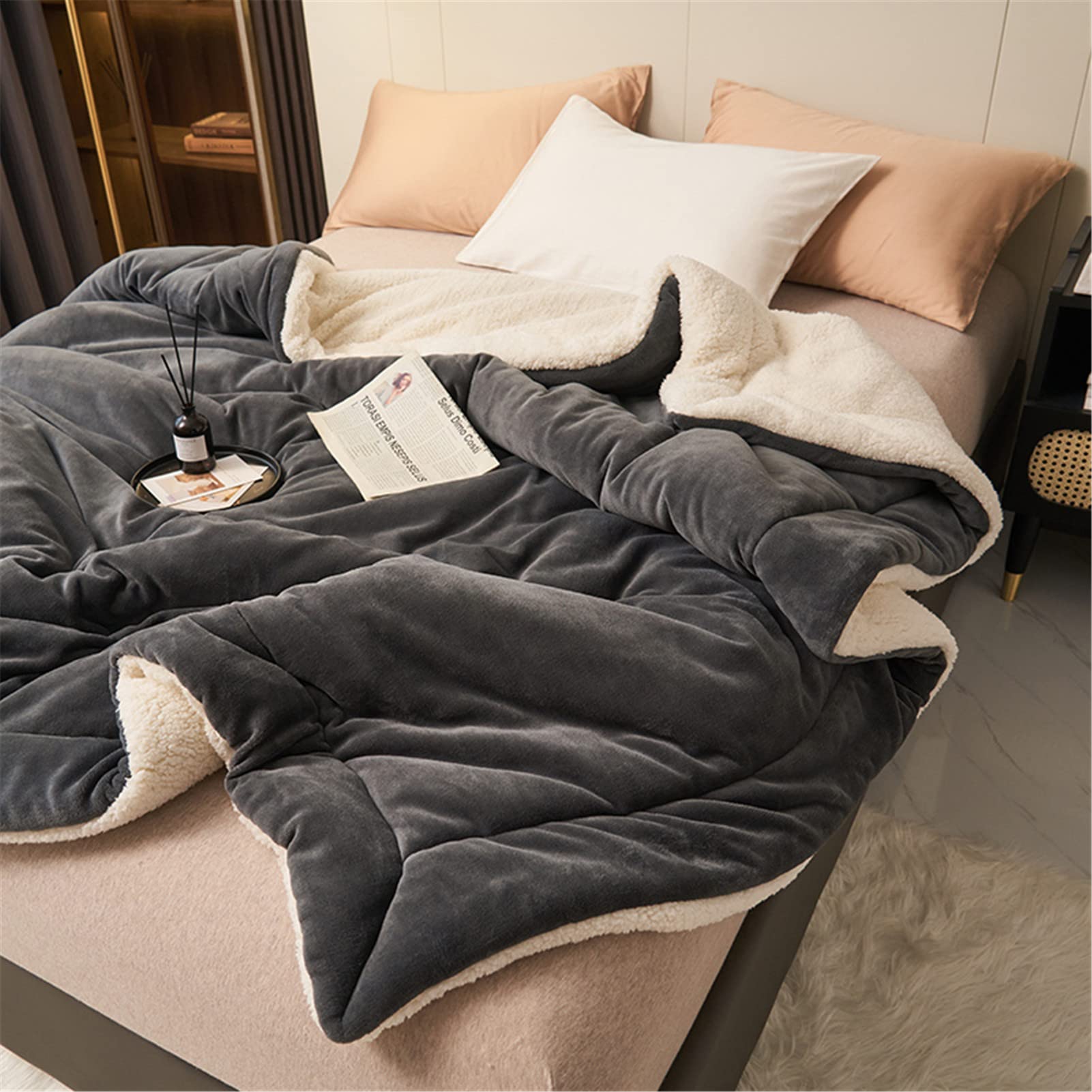 Manta Sherpa Manta Mimosa y Acogedora, Manta de Lana de Cordero, Manta Reversible de Microfibra para Cama y Sofa, Fácil de cuidar (Gris Oscuro,200x230cm)