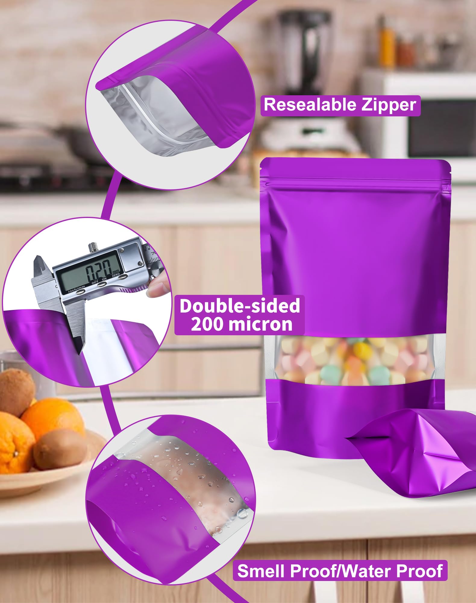 Paquete de 100 bolsas a prueba de olores, bolsas resellables con ventana mate, bolsa de aluminio con cierre de pie para embalaje (5.9 x 8.6 pulgadas, morado)