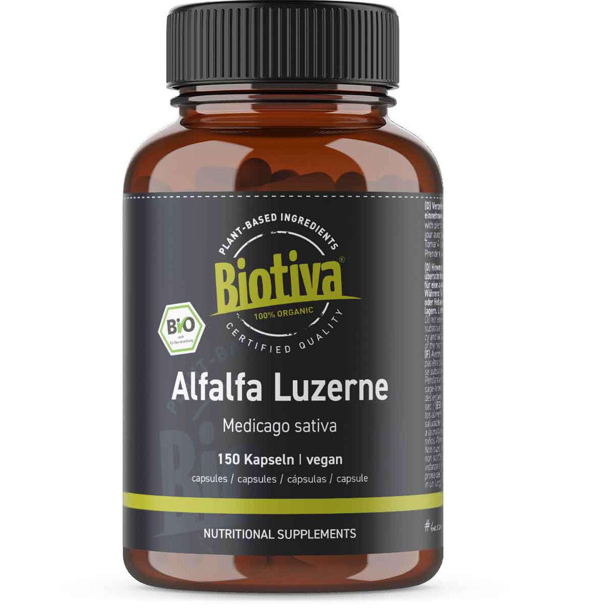 Lucerne alfalfa bio 150 Gélules - Medicago sativa - Végan - Grand trèfle - Foin de Bourgogne - Extrait naturel de plantes - Conditionné et contrôlé en Allemagne - Biotiva