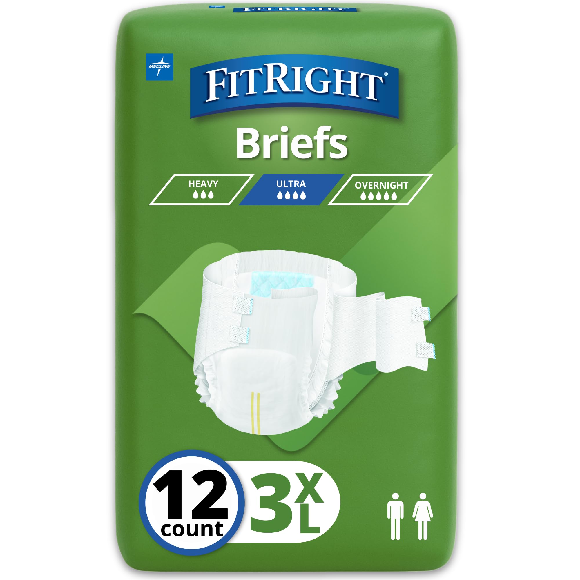 FitRight Bariatric Adult Diapers, Ultra Heavy Absorbency, 3XL (Waist Size 65in-84in), 12 Count, Disposable Incontinence Briefs for Men and Women, Moisture-Wicking, Leak Protection,