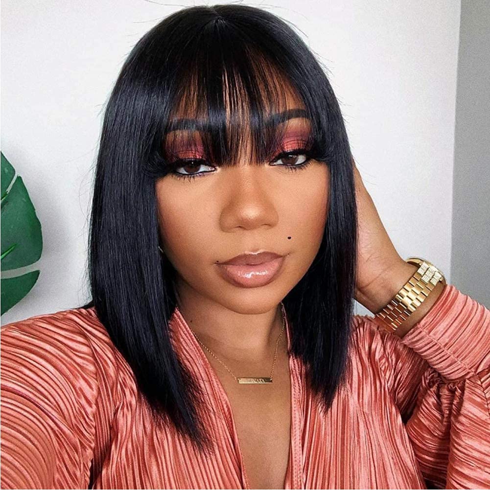 EQ DUOUPA Short Bob Wig Human Hair Wigs with Bangs Brazilian Straight Hair Wigs None Lace Front Wigs Machine Made Bob Wig for Black Women Natural color(10 Inch)