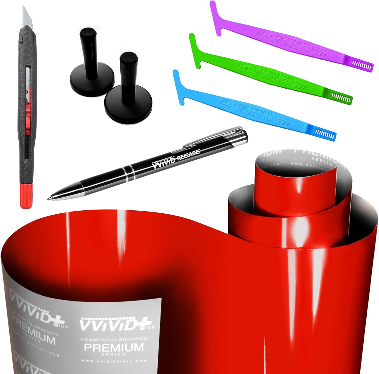 VViViD+ Ultra Gloss Racing Red Automotive Vinyl Wrap (50ft x 5ft) + Wrap Sticks 3 Pack (Soft, Medium and Hard) + Magnets (2) + Best Damn Knife with 10 Replacement Blades + Air Release Pen Bundle - M0