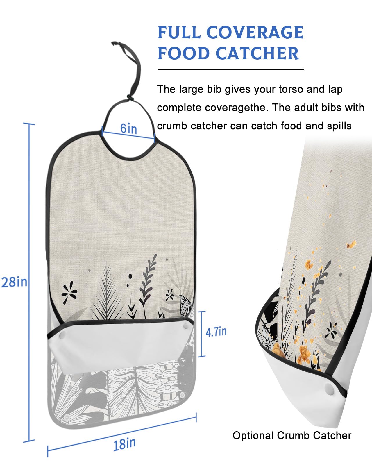 LEOKOTI Black Botanical Adult Bibs for Eating, Waterproof Bibs with Food Catcher & Adjustable Snap Closure, Summer Palm Leaf Tropical Rustic Washable Clothing Protectors Adult Bibs for Elderly