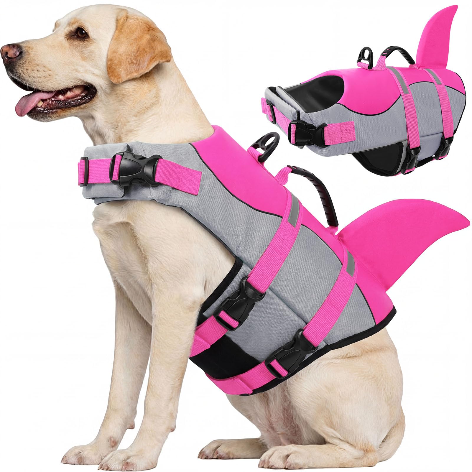 CITÉTOILE Salvagente per Cane, Giubbotto Salvagente per Cani, Ripstop Regolabile Squalo Giubbotto di salvataggio, Leggero e Sicuro per Gli Sport Acquatici, Rosa, XL