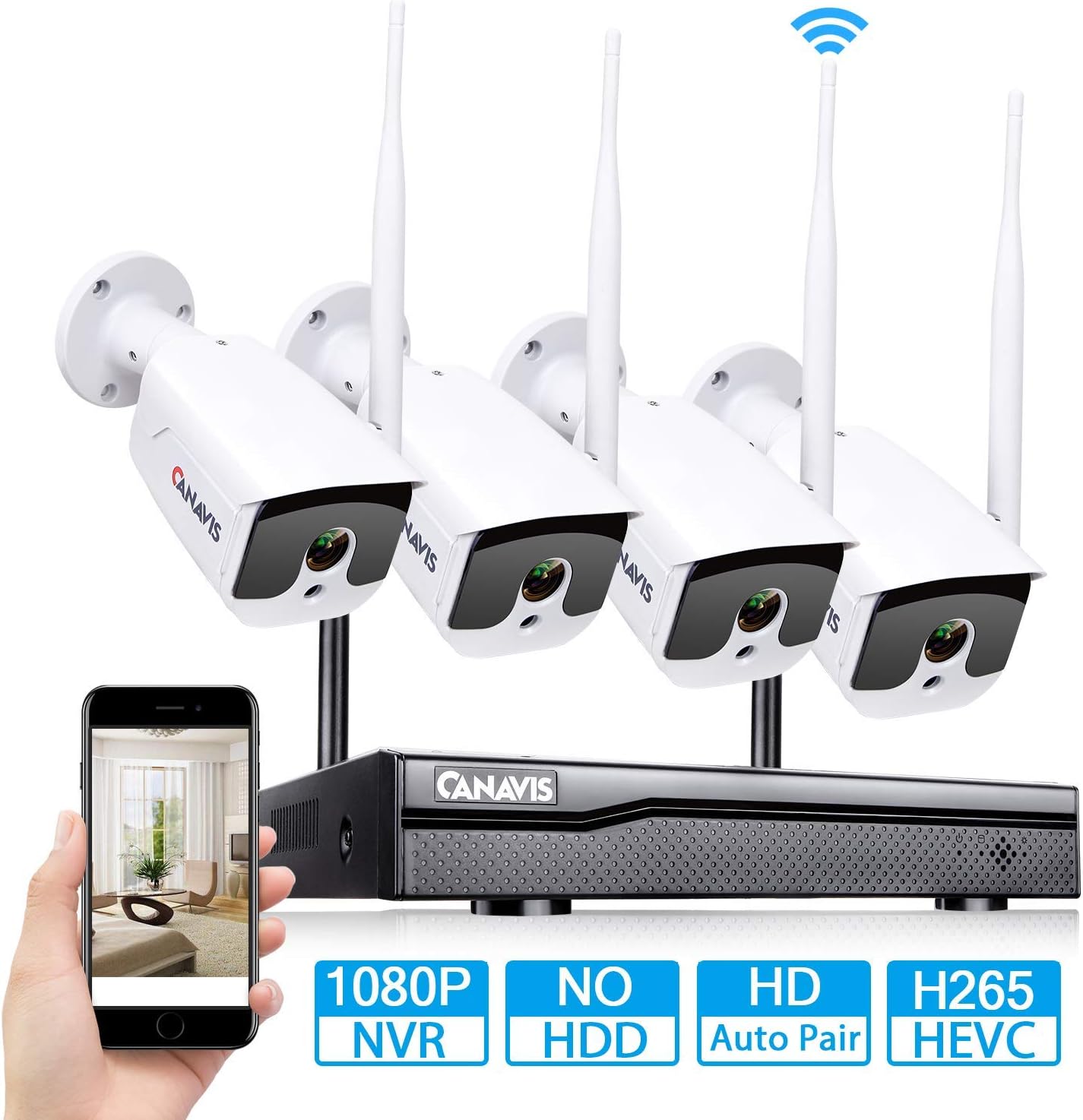 Home Wireless Security Camera System, CANAVIS 4CH 1080P NVR Video Surveillance System with 4pcs Bullet Cameras Indoor Outdoor,65ft Night Vision,Motion Detection (NO HDD) (Cable) (H.265)