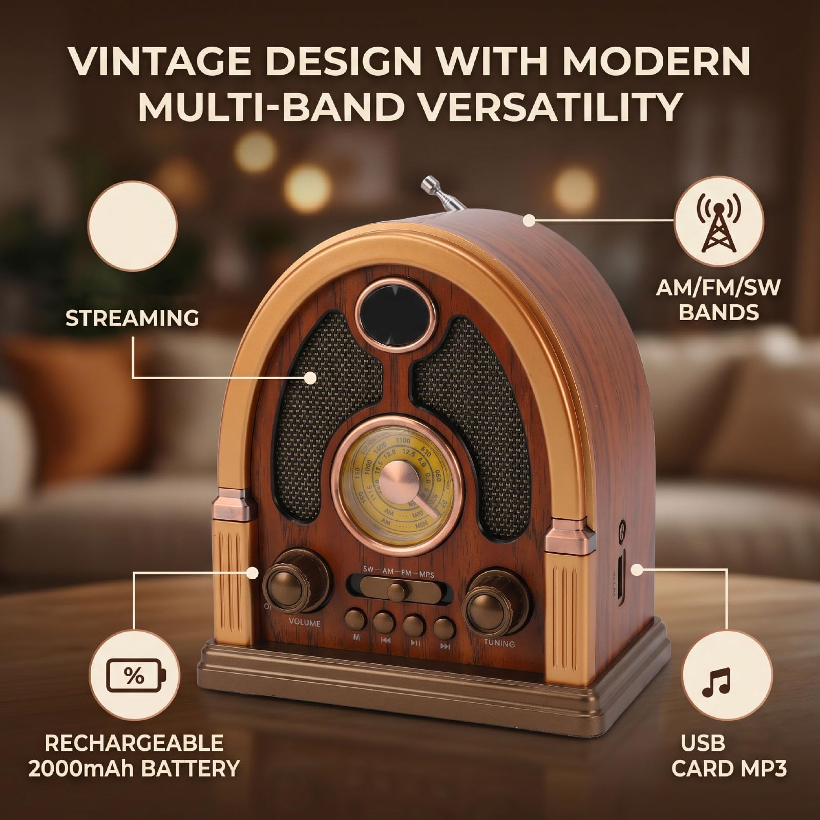 Luocute Radio Portátil Retro Am FM SW, para Uso Doméstico Al Aire Libre (Oscuro)