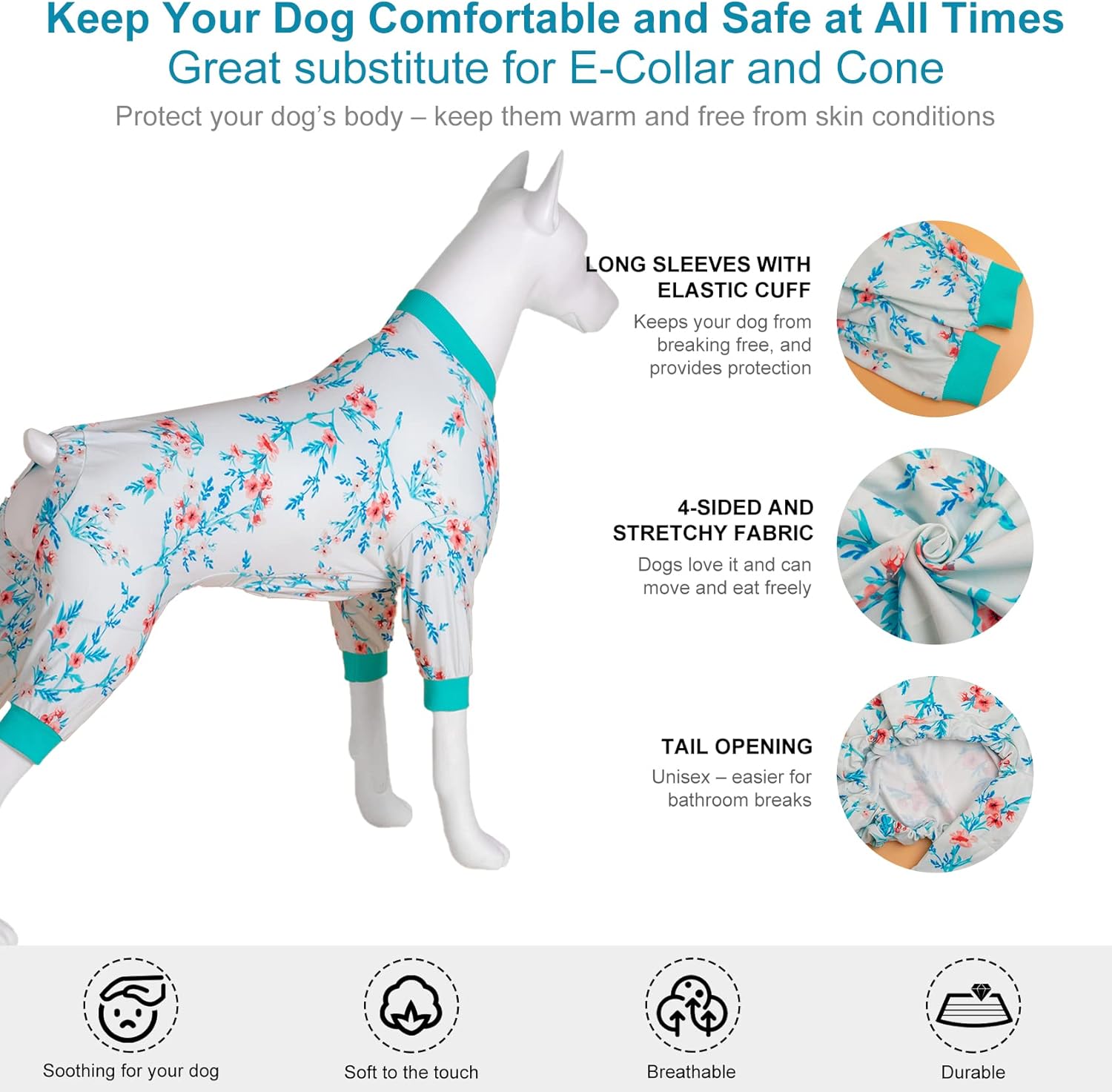 LovinPet Large Big Bodysuit for Dogs - Post Surgery Protection Dog Pjs,4 Legged Coverage Dog Onesie,Stretchable Lightweight, Bubbles and Floral White&Teal Print,Undershirt for Dog Sweaters,Blue Large