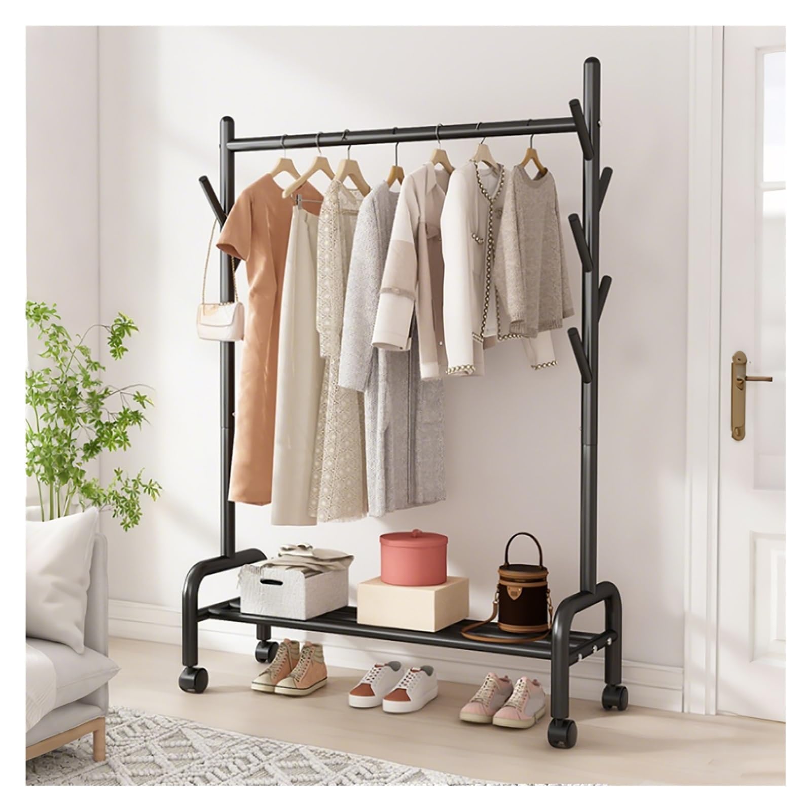 Lshtshf-ou Clothes Rack For Hanging With Wheels Metal Garment With Shelf Portable Rolling Wardrobe Racks For Bedroom Laundry(Black,60cm/23.6in)