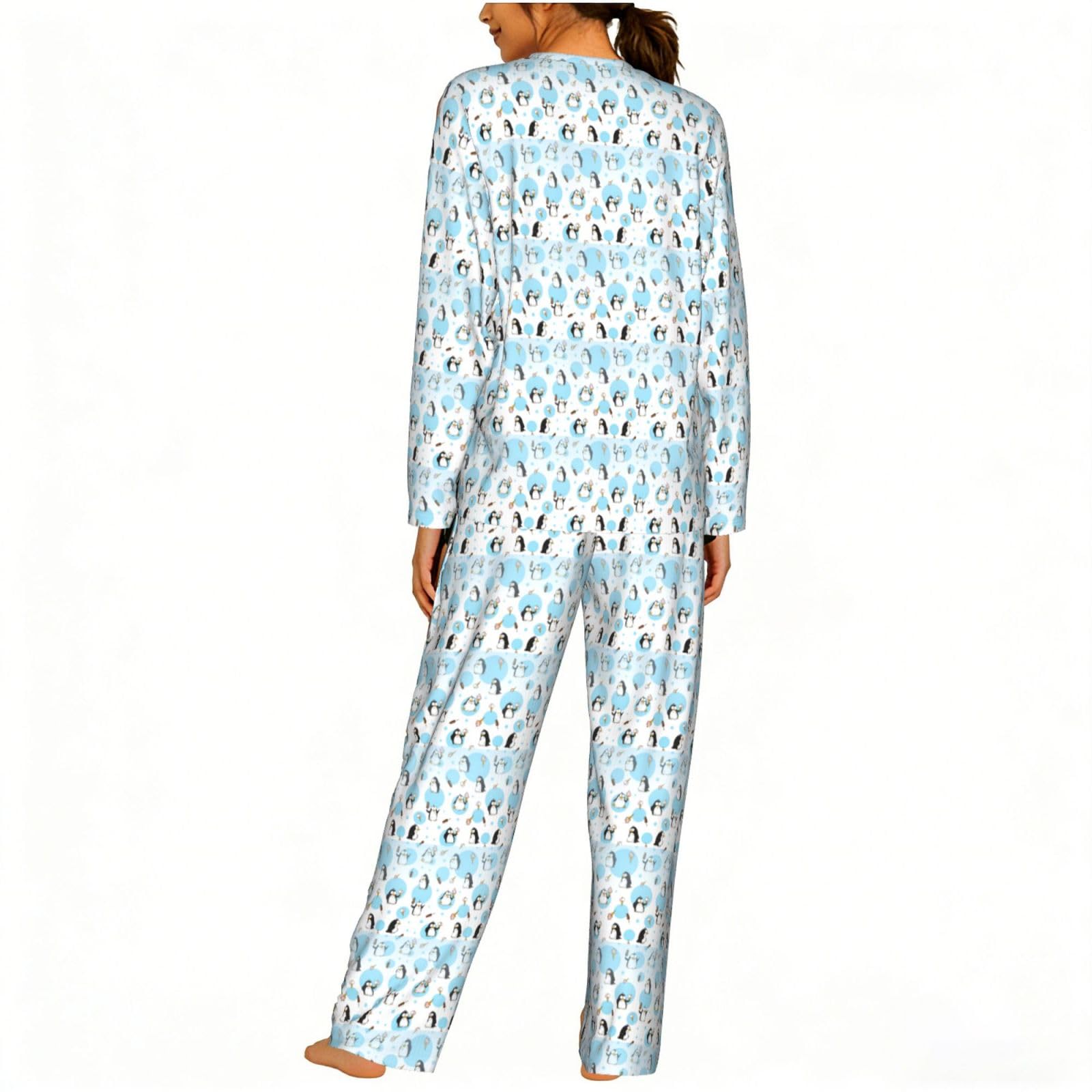 Pigiama da donna a maniche lunghe con stampa pinguino palloncino fiocco di neve morbido pigiama da spiaggia vacanza biancheria da notte regalo casual