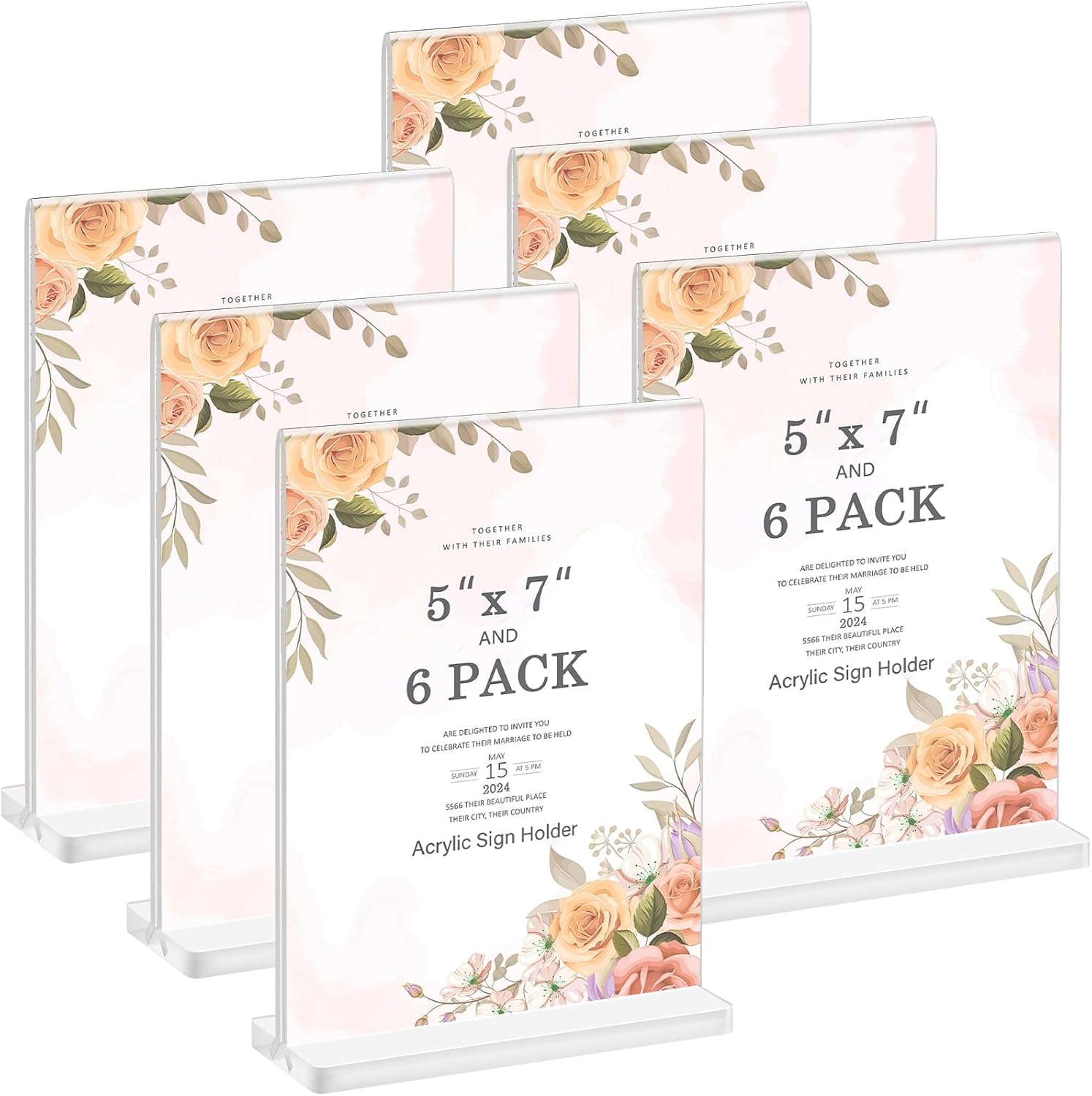 Smarpau 5x7 Acrylic Sign Holder, 6 Pack Double Sided Clear Display Stands, Vertical Table Number Holders, Plastic Picture Frames, Flyer Menu Brochure Sign Holder for Office, Show Fair, Restaurants