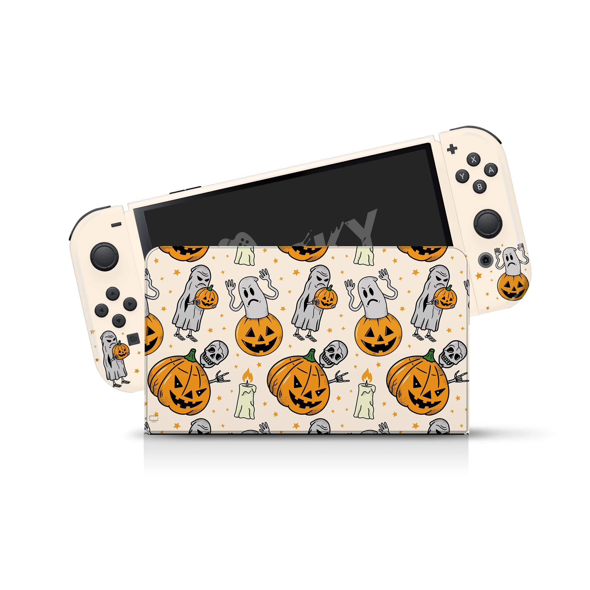 TACKY DESIGN Pumpkinskin compatibile con Nintendo Switch OLED Skin Halloween - Vinile 3M Nintendo Switch OLED Sticker Set - Spooky Switch OLED Skin per Console, Dock, Joy Con -Decal Full Wrap