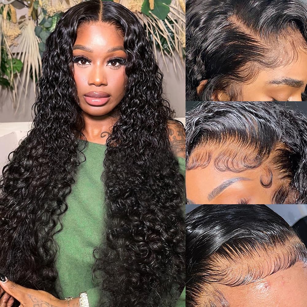 Deep Wave Lace Front Wigs Human Hair 150% Density 13x4 HD Curly Lace Frontal Glueless Wigs for Women Pre Plucked Deep Wave Natural Color (24 Inch)