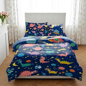 Dinosaur Twin Bedding Sets for Boys, 6 Piece Bed in a Bag, 3D Dinosaur Comforter Set for Girls & Boys with Comforter Sheets, Pillowcases & Shams, Lightweight, Breathable, Easy Care
