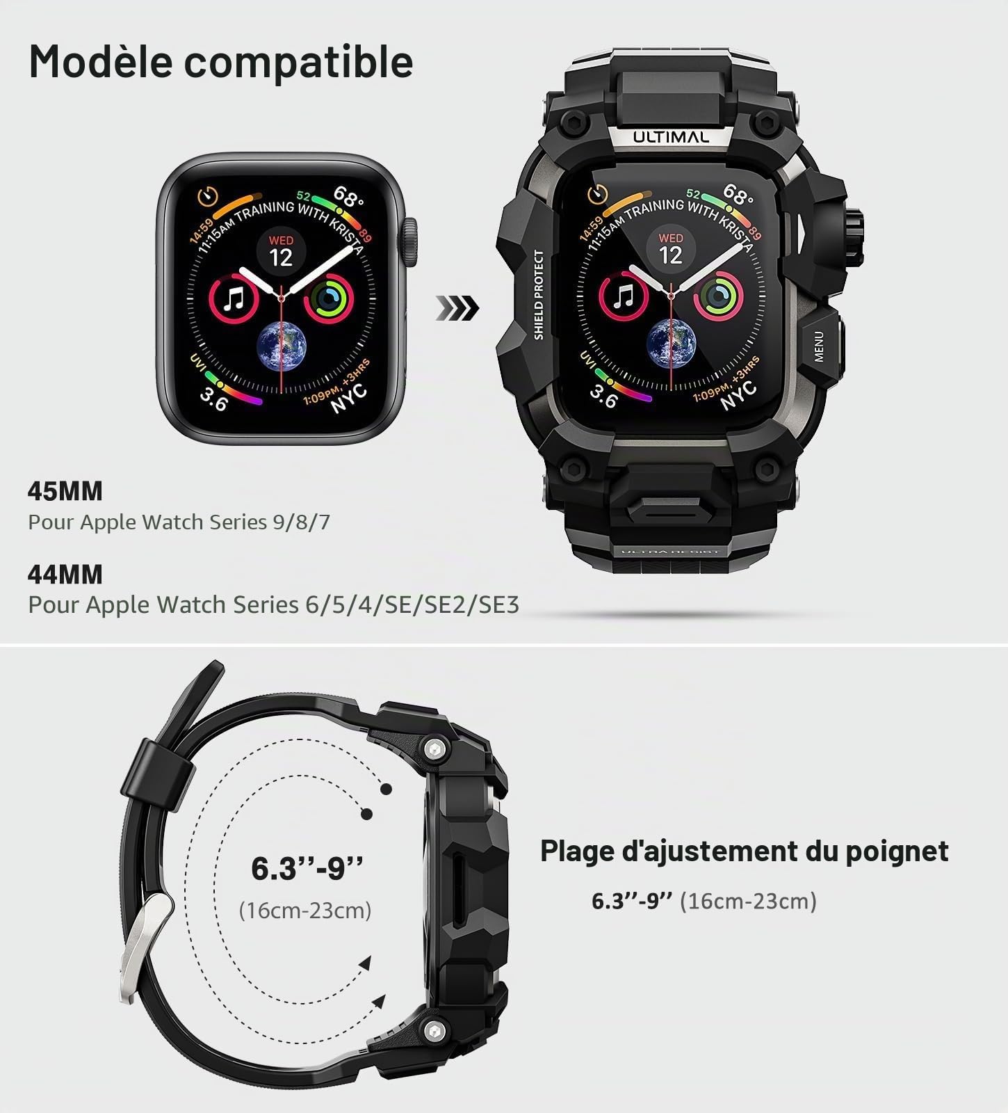 ULTIMAL Sports Bands Compatible with Apple Watch Strap 44mm/45mm, Military Protective Bumper Case, Rugged TPU iWatch Strap, Adjustable Band for Apple Watch Series 9 8 7 6 5 4 SE