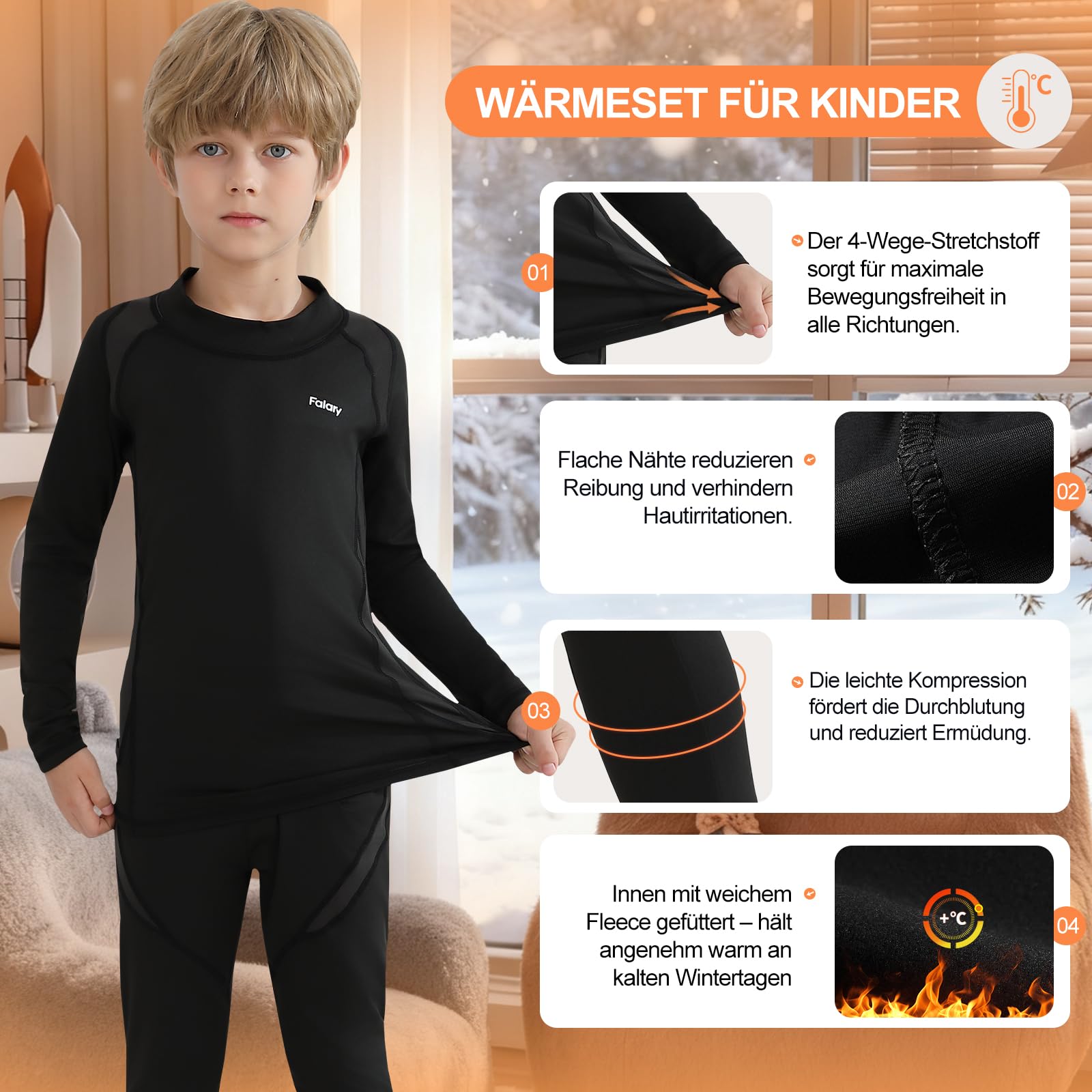FALARY Kinder Thermounterwäsche Set Jungen & Mädchen, Skiunterwäsche Winter Funktionsunterwäsche, Thermo Unterwäsche Atmungsaktiv Thermohose Thermounterhemd Warm Weich