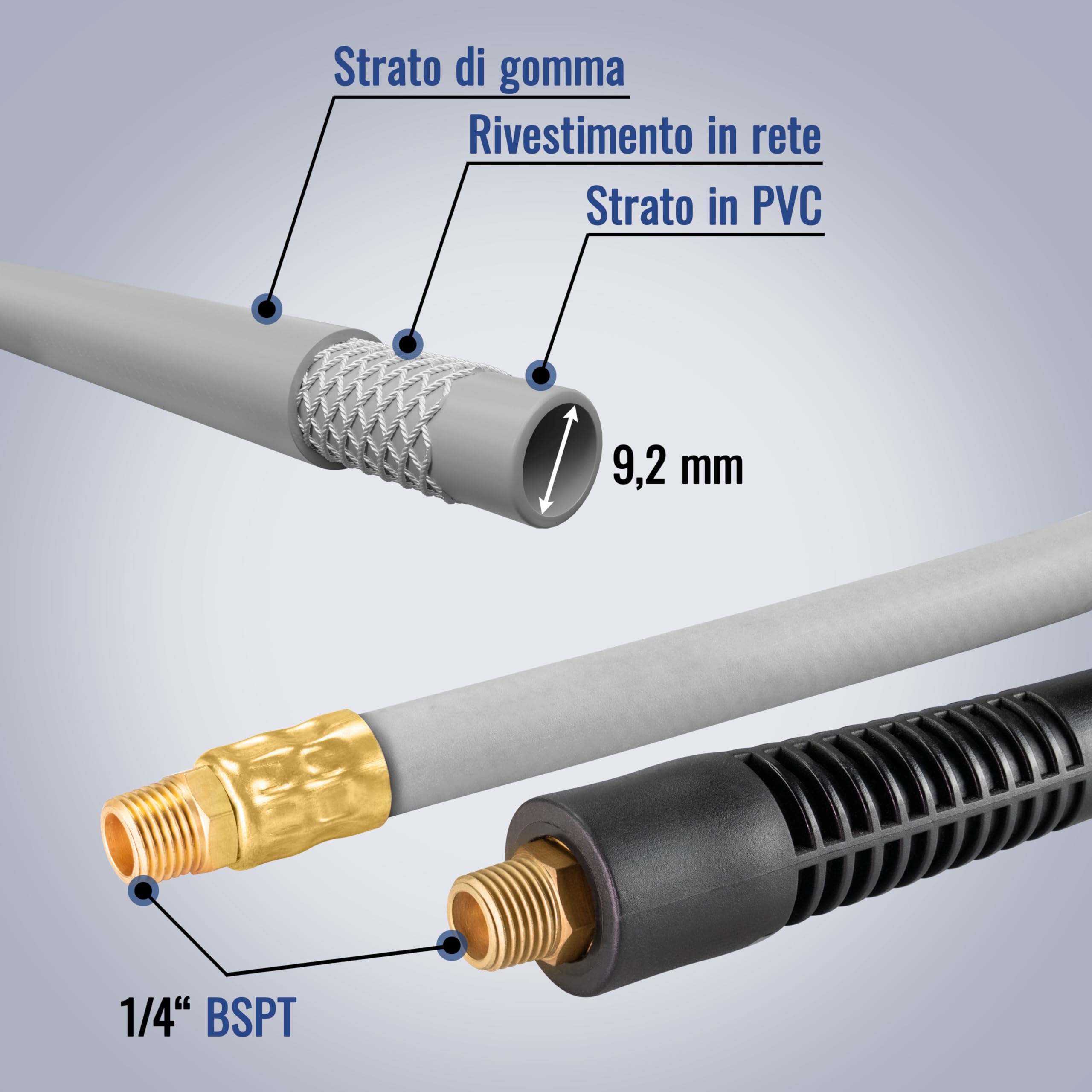 Poppstar Avvolgitubo per aria compressa in acciaio (20m+2m, diametro (9,2x15mm)), attacchi 1/4 di pollice BSPT