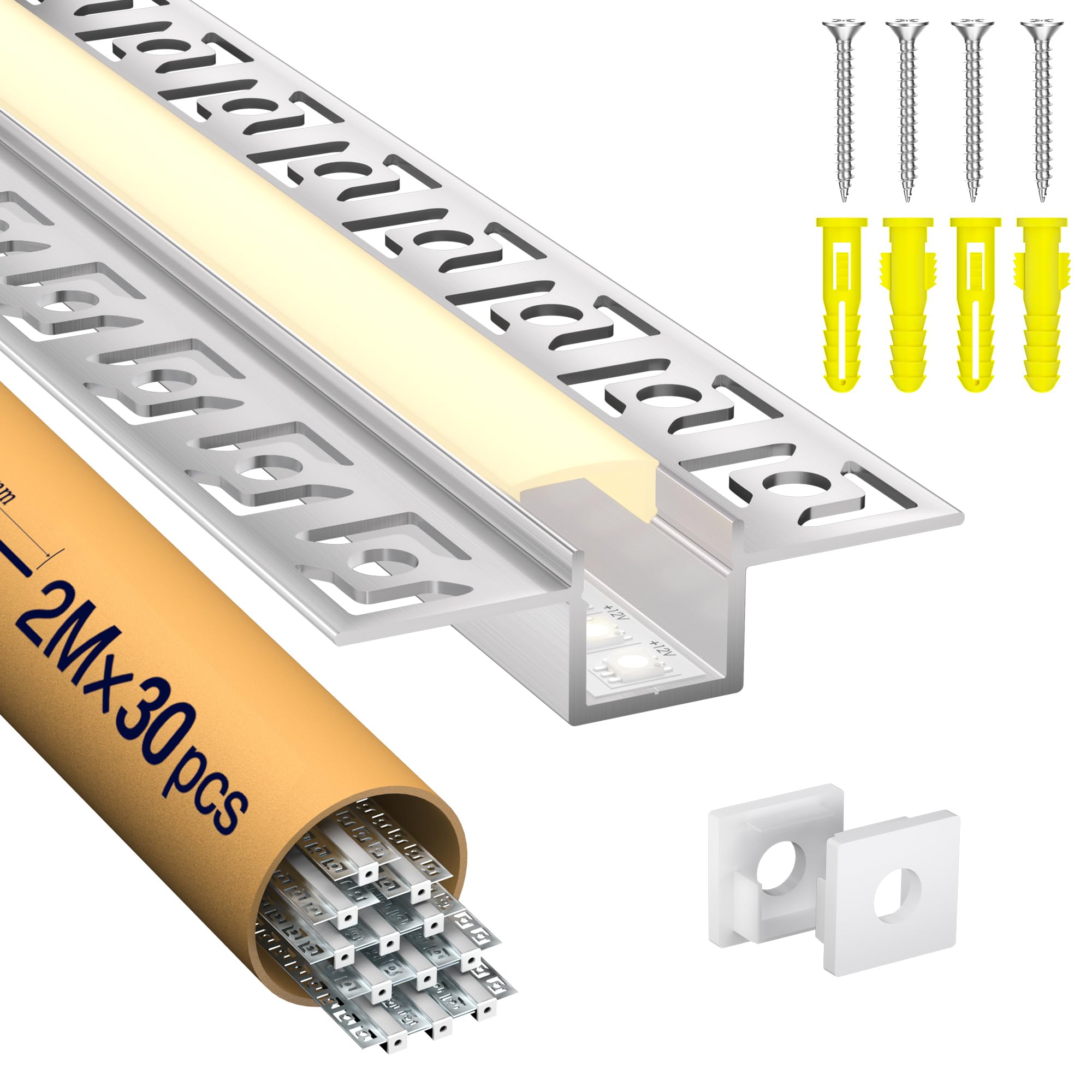 30 x profil aluminiowy do taśm LED 2 m, profil płyt gipsowo-kartonowych do listwy LED, instalacja powierzchniowa do bezpośredniego oświetlenia sufitowego, kompatybilny z dyfuzorem LED i kanałami