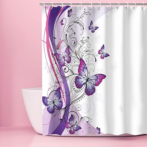 Miniatura 3 de LIVILIAN - Cortina de ducha de mariposa con ganchos, cortina de ducha floral en remolino, cortinas de ducha de mariposa para baño, lavable a